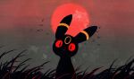  black_skin colored_skin commentary facial_mark forehead_mark frown full_moon grass highres li04r looking_at_viewer moon no_humans pokemon pokemon_(creature) red_eyes red_moon simple_bird sitting umbreon 