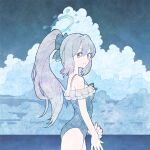  1girl alternate_costume arched_back blue_archive blue_bow blue_one-piece_swimsuit blue_sky bow breasts cloud cloudy_sky commentary_request cowboy_shot frilled_one-piece_swimsuit frills from_side grey_hair hair_bow highres holding_own_wrist horizon korean_commentary looking_at_viewer looking_to_the_side medium_breasts miyako_(blue_archive) miyako_(swimsuit)_(blue_archive) ocean one-piece_swimsuit outdoors ponytail purple_eyes seabearsnake sidelocks sky smile solo spaghetti_strap standing swimsuit 