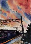  animal bird blue_sky cloud cloudy_sky highres no_humans orange_sky original painting_(medium) power_lines shibakaka sky sunset traditional_media train tree watercolor_(medium) 