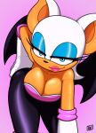absurd_res anthro armwear bat breasts cleavage clothed clothing elbow_gloves eyeshadow female fur gloves handwear hi_res lipstick looking_at_viewer makeup mammal narrowed_eyes rouge_the_bat sega signature simple_background smile solo sonic_the_hedgehog_(series) tan_body tan_skin tanji_gab white_body white_fur wings