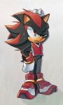  1boy 2019 full_body gloves grey_background hand_on_own_hip highres male_focus mario_&amp;_sonic_at_the_olympic_games mario_(series) one_eye_closed orange_eyes quark196 shadow_the_hedgehog signature sonic_(series) wet white_gloves 