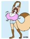 anthro big_breasts big_tail black_claws blue_bottomwear blue_clothing blue_eyes blue_shorts bottomwear breast_vore breasts brown_body brown_fur brown_hair canid canine claws clothing digestion dipstick_tail female fennec_fox fox fur hair hi_res huge_breasts huge_tail long_hair long_tail mammal markings pink_clothing pink_shirt pink_topwear rifykoh shirt shorts solo stretching tail tail_markings tan_body tan_fur topwear true_fox vore white_body white_fur