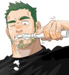  1boy bara beard black_hair black_sweater brushing_teeth electric_toothbrush facial_hair foam foaming_at_the_mouth highres male_focus one_eye_closed original portrait short_hair sideburns simple_background solo suamaru sweater white_background 
