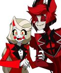  1boy 1girl alastor_(hazbin_hotel) arm_grab black_hair blonde_hair charlie_morningstar colored_sclera formal grey_background hazbin_hotel highres long_hair multicolored_hair red_eyes red_hair red_sclera short_hair simple_background smile suit upper_body yellow_sclera zakki 