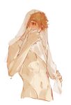  1boy blanket looking_at_viewer luke_pearce_(tears_of_themis) male_focus mei70745125 navel simple_background solo tears_of_themis toned toned_male topless_male towel towel_on_head wet 