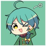  &gt;_o 1boy aqua_hair ashe_bradley biyo border bow braid chibi green_background green_jacket hand_up jacket looking_at_viewer male_focus one_eye_closed open_mouth short_hair single_braid smile solo star_(symbol) triangle_mouth upper_body v white_border witch&#039;s_heart yellow_bow yellow_eyes yellow_trim 