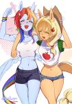  2girls :d ^_^ animal_ears applejack bandaid bandaid_on_arm bandaid_on_face bandaid_on_nose bandaid_on_stomach black_shorts blonde_hair blue_hair blue_shorts blue_skin blue_wings blush breasts brown_hat clenched_hand closed_eyes colored_skin commentary_request green_hair hat highres horse_ears horse_girl horse_tail jenshenya medium_breasts midriff multicolored_hair multiple_girls my_little_pony my_little_pony:_friendship_is_magic navel open_mouth orange_hair personification polka_dot polka_dot_background purple_hair rainbow_dash red_hair shirt short_shorts short_sleeves shorts smile tail thighs twitter_username white_background wings 