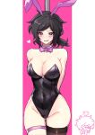  1girl andrew_graves animal_ears ashley_graves black_hair blush breasts highres looking_at_viewer pink_background pink_eyes playboy_bunny rabbit_ears the_coffin_of_andy_and_leyley thighs xttpb 