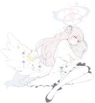  1boy 1girl angel_wings black_footwear blue_archive blush breasts capelet closed_eyes closed_mouth crescent crescent_pin doodle_sensei_(blue_archive) dress feathered_wings flower hair_bun hair_flower hair_ornament halo highres hyury large_breasts long_hair mika_(blue_archive) pantyhose pink_hair pink_halo purple_flower sensei_(blue_archive) shoes simple_background single_side_bun smile white_background white_capelet white_dress white_pantyhose white_wings wings 