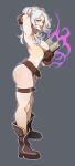  1girl arm_up armpits ass belt book boots breasts brown_belt brown_footwear brown_gloves fire_emblem fire_emblem_awakening from_side full_body gloves grey_background highres holding holding_book looking_at_viewer magic medium_breasts nipples open_book open_mouth panties porqueloin purple_panties red_eyes robin_(female)_(fire_emblem) robin_(fire_emblem) simple_background solo thigh_belt thigh_strap topless twintails underwear white_hair 