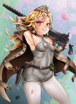  1girl absurdres armpits ass blonde_hair blush breasts brown_jacket browning_m1919 full_body girls&#039;_frontline gun hair_ornament hairclip hat highres holding holding_gun holding_weapon huge_ass jacket light_machine_gun long_hair looking_at_viewer m1919a4_(girls&#039;_frontline) machine_gun open_clothes open_jacket open_mouth pantyhose presenting_armpit red_eyes smile solo succuboi thighs weapon wide_hips 