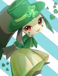  absurdres blue_background clothed_pokemon clover commentary_request flower flower_facial_mark green_shirt hat hat_flower highres mawile nehokuchikuchi open_mouth pokemon pokemon_(creature) red_eyes saint_patrick&#039;s_day shamrock shirt simple_background smile striped_background two-tone_background white_background 