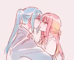  2girls blue_hair collared_shirt commentary_request grey_sweater hand_on_another&#039;s_shoulder hug imminent_kiss korean_commentary long_hair love_live! love_live!_sunshine!! matsuura_kanan multiple_girls neck_ribbon noses_touching one_eye_closed parted_lips pink_background pito_(sh02327) ponytail red_hair ribbon sakurauchi_riko shirt simple_background sweater upper_body white_shirt yuri 