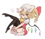  1girl ascot black_thighhighs blonde_hair fangs flandre_scarlet full_body hat medium_hair mob_cap multicolored_wings no_shoes one_side_up open_mouth panties pointy_ears puffy_short_sleeves puffy_sleeves red_eyes red_skirt red_vest semimaru_(user_zzuy5884) shirt short_sleeves skirt solo thighhighs touhou underwear vest white_background white_hat white_panties white_shirt wings yellow_ascot 