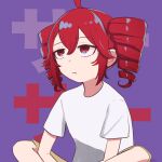  1girl absurdres alternate_costume bored closed_mouth commentary drill_hair feet_out_of_frame frown hakkousann125 highres indian_style kasane_teto liar_dancer_(synthesizer_v) looking_ahead purple_background red_eyes red_hair shirt short_sleeves sidelocks sitting solo t-shirt text_background twin_drills utau white_shirt 