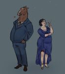 2024 anthro apxphenia big_butt black_hair black_tie_(suit) blue_clothing blue_dress blue_topwear bojack_horseman bojack_horseman_(character) breasts brown_body brown_clothing brown_footwear brown_fur brown_hair brown_shoes butt cigarette cleavage clothed clothing diane_nguyen digital_drawing_(artwork) digital_media_(artwork) dress duo equid equine female footwear fur grey_necktie hair hand_in_pocket hi_res high_heels holding_cigarette holding_object horse human male mammal mouth_closed necktie netflix night pockets shoes short_hair side_by_side simple_background smoking star suit thoroughbred topwear