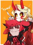  1boy 1girl alastor_(hazbin_hotel) black_hair blonde_hair charlie_morningstar colored_sclera commentary english_commentary english_text formal hand_rest hazbin_hotel head_rest highres honeko_06 long_hair monochrome multicolored_hair red_eyes red_hair red_sclera short_hair simple_background smile suit upper_body yellow_background yellow_sclera 