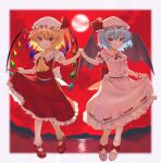  2girls ascot back_bow bat_wings blonde_hair blue_hair bobby_socks border bow breasts closed_mouth crystal flandre_scarlet frilled_shirt frilled_shirt_collar frilled_skirt frilled_sleeves frills full_body full_moon hair_between_eyes hat hat_ribbon highres holding_hands interlocked_fingers kiyosato_0928 light_smile mary_janes medium_hair mob_cap moon multicolored_wings multiple_girls one_side_up outdoors pink_footwear pink_hat pink_shirt pink_skirt puffy_short_sleeves puffy_sleeves red_background red_bow red_brooch red_eyes red_footwear red_moon red_ribbon red_skirt red_sky red_vest remilia_scarlet ribbon ribbon-trimmed_headwear ribbon-trimmed_skirt ribbon_trim shirt shoes short_sleeves siblings sisters skirt skirt_hold skirt_set sky small_breasts socks touhou vest white_border white_bow white_hat white_shirt white_socks wings yellow_ascot 