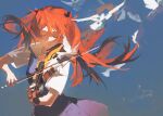  1girl bird blue_background bow_(music) closed_eyes closed_mouth dress eliza_804 floating_hair highres holding holding_instrument holding_violin instrument interface_headset long_hair music neon_genesis_evangelion orange_hair playing_instrument school_uniform shirt short_sleeves skirt solo souryuu_asuka_langley tokyo-3_middle_school_uniform upper_body violin white_bird white_shirt 