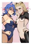  2girls :d absurdres animal_ears antenna_hair aqua_(kingdom_hearts) black_hoodie black_maebari black_pasties blonde_hair blue_eyes blue_hair blue_leotard breasts bridal_gauntlets closed_mouth clothes_lift cowboy_shot grin hair_slicked_back hand_on_own_face hand_on_own_hip heart_maebari heart_pasties highres hood hoodie hoodie_lift kingdom_hearts larxene leotard looking_at_another maebari medium_breasts medium_hair meme_attire multiple_girls open_mouth pantyhose pasties pink_background porqueloin reverse_bunnysuit reverse_outfit simple_background small_breasts smile standing strapless strapless_leotard teeth yellow_nails 