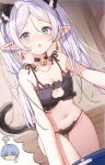  1girl :o absurdres alternate_costume animal_ears bell black_bra black_panties blue_hair bra breasts cat_cutout cat_ear_panties cat_ears cat_lingerie cat_tail cleavage clothing_cutout collarbone commentary_request earrings fake_animal_ears fake_tail frieren green_eyes highres himmel_(sousou_no_frieren) jewelry jingle_bell long_hair looking_at_viewer meme_attire misyune navel neck_bell panties small_breasts sousou_no_frieren tail twintails underwear underwear_only white_hair 