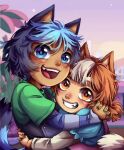  2girls :d animal_ears bingo_heeler blue_hair bluey bluey_heeler brown_hair child dog_ears dog_girl dog_tail fang green_nails grin hug kemonomimi_mode masink03 multicolored_hair multiple_girls short_hair siblings sisters smile tail white_hair 