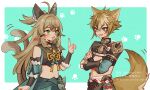  1boy 1girl :3 ahoge animal_ears armor blue_eyes brown_hair cat_ears cat_girl cat_tail commentary_request crossed_arms dog_boy dog_ears dog_tail genshin_impact gorou_(genshin_impact) green_eyes hair_between_eyes index_finger_raised japanese_armor japanese_clothes kirara_(genshin_impact) long_hair multiple_tails ojo_aa open_mouth paw_print simple_background tail twitter_username two-tone_background two_tails 