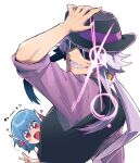  1boy 1girl blue_hair commentary_request grin hand_on_headwear hat highres inkamuko kura_sushi long_hair looking_at_viewer purple_hair red_eyes ryokutou sharp_teeth short_hair simple_background smile sunglasses teeth upper_body v vest waruiman white_background 