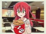  2girls bocchi_the_rock! bucket_of_chicken burger chicken_(food) commentary elf english_commentary fast_food food fried_chicken frieren green_eyes hair_between_eyes highres jollibee jollibee_(mascot) kita_ikuyo long_hair multiple_girls one_side_up pointy_ears red_hair restaurant school_uniform shuka_high_school_uniform solo_focus sousou_no_frieren the_freakin_yui white_hair 