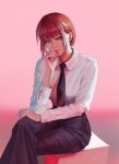  1girl absurdres black_necktie black_pants chainsaw_man crossed_legs formal highres looking_at_viewer luxearte makima_(chainsaw_man) necktie pants pink_background red_hair ringed_eyes shirt sitting solo white_shirt yellow_eyes 