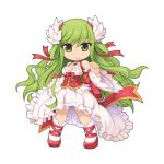 1girl bow breasts chibi cleavage closed_mouth corset detached_sleeves dress floating_hair frilled_dress frilled_sleeves frills full_body green_eyes green_hair head_wings high_heels kneehighs large_bow long_hair looking_at_viewer medium_bangs medium_breasts official_alternate_costume official_art ragnarok_online red_corset red_footwear simple_background sleeveless sleeveless_dress smile socks solo standing tachi-e transparent_background wanderer_(ragnarok_online) wavy_hair white_dress white_sleeves white_wings wide_sleeves wings yuichirou 