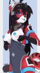 android anthro ara_(fluff-kevlar) breasts cupping_breasts felid feline female fur fur_markings hi_res holding_breast looking_at_viewer machine mammal markings red_body robot sklad solo solo_focus tongue tongue_out white_body