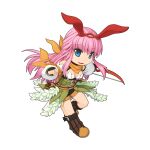  1girl animal_ears belt black_gloves black_shorts blue_eyes bow_(weapon) breasts brown_belt chibi clenched_hand detached_sleeves fake_animal_ears fingerless_gloves full_body gloves holding holding_bow_(weapon) holding_weapon leaning_forward long_hair medium_bangs medium_breasts official_alternate_costume official_art open_mouth pink_hair pouch rabbit_ears ragnarok_online ranger_(ragnarok_online) scarf short_shorts shorts sidelocks simple_background skirt smile solo tachi-e transparent_background underbust weapon white_skirt white_sleeves yellow_scarf yuichirou 