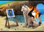  &#332;kami &lt;3 ?kami amaterasu beach canine deity easel feral grypwolf issun mammal mermaid painting poncle seaside video_games water wolf 
