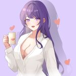  1girl :d blush breasts bu_weizhuang cleavage commentary_request cup genshin_impact holding holding_cup large_breasts long_hair long_sleeves looking_at_viewer mug open_mouth purple_eyes purple_hair raiden_shogun shirt smile solo upper_body very_long_hair white_shirt 