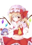  2girls absurdres ascot bat_wings blonde_hair blush brown_eyes flandre_scarlet frilled_shirt_collar frilled_skirt frilled_sleeves frills hair_between_eyes hat hat_ribbon heart heart_hands highres light_smile long_hair looking_at_viewer midriff multicolored_wings multiple_girls navel one_eye_closed one_side_up puffy_short_sleeves puffy_sleeves purple_hair red_ribbon red_skirt red_vest remilia_scarlet ribbon ribbon-trimmed_headwear ribbon_trim satori_(kxdm8872) shirt short_sleeves siblings sisters skirt sleeve_ribbon touhou vest white_background white_hat white_shirt wings yellow_ascot 
