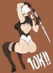  1girl 2b_(nier:automata) arm_up ass bare_arms black_footwear black_gloves black_leotard boots brown_background from_behind full_body gloves hand_up high_heel_boots high_heels holding holding_sword holding_weapon invisible_chair katana leotard nier:automata nier_(series) porqueloin short_hair simple_background sitting skindentation solo sword thigh_boots weapon white_hair white_leotard 