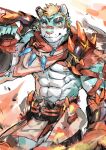  1boy abs absurdres animal_ears christory_yyb claws fingerless_gloves furry furry_male gloves green_eyes highres holding holding_weapon live_a_hero looking_at_viewer male_focus muscular muscular_male nipples over_shoulder pectorals rexer_(live_a_hero) smile tiger_boy tiger_ears tiger_stripes weapon weapon_over_shoulder white_background 
