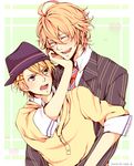  ^_^ annoyed blazer blonde_hair blue_eyes blush closed_eyes collared_shirt colorized gamu glasses green_background hair_between_eyes hand_on_another's_cheek hand_on_another's_face hand_up happy hat heart hug hug_from_behind jacket kaminarigumo kurusu_shou laughing looking_at_another male_focus multiple_boys necktie open_mouth pushing_away red_neckwear shinomiya_natsuki shirt sleeves_folded_up upper_body uta_no_prince-sama v-shaped_eyebrows yaoi 