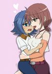  2girls belt blue_eyes blue_hair blush brown_hair cardfight!!_vanguard choker erect_nipples eye_contact female green_eyes heart hug incest kiss looking_at_another mother_and_daughter open_mouth saliva saliva_trail sendou_aichi sendou_aichi_mother sweat sweatdrop tears usui_yuri yuri 