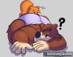 anthro banjo-kazooie banjo_(banjo-kazooie) bear big_butt brown_body brown_fur butt butt_sniffing clothed clothing conker conker&#039;s_bad_fur_day duo fluffy fluffy_tail fur hand_on_butt inflatingskunk looking_at_another looking_back looking_back_at_another lying male male/male mammal no_shirt on_front orange_body orange_fur overweight overweight_anthro overweight_male pantsless question_mark questionable_consent rareware rodent sciurid short_tail simple_background sniffing tail tree_squirrel underwear