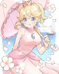  1girl artist_name bare_shoulders blonde_hair blue_eyes blue_nails bracelet breasts brooch crown dress earrings falling_petals flower highres holding holding_umbrella jewelry konata_w1225 looking_at_viewer mario_(series) medium_breasts medium_hair ocean parasol petals pink_dress ponytail princess_peach princess_peach_(sunshine) ship sleeveless sleeveless_dress solo sphere_earrings super_mario_sunshine umbrella watercraft white_flower 