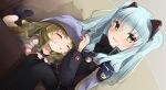  2girls :d ^_^ animal_ear_headphones animal_ears black_socks blue_hair blush cat_ear_headphones closed_eyes commentary_request eiyuu_densetsu fake_animal_ears green_hair headphones kea_(eiyuu_densetsu) long_hair looking_at_viewer lying multiple_girls no_shoes on_stomach open_mouth oren_(770len) smile socks teeth tio_plato twintails yellow_eyes zero_no_kiseki 