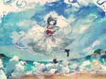  1girl anchor_symbol black_hair cloud cloudy_sky hat highres murasa_minamitsu neckerchief ocean red_neckerchief remyaruku65 sailor_hat school_uniform serafuku shirt short_hair short_sleeves sketch skirt sky smile solo splashing touhou white_serafuku white_shirt white_skirt 