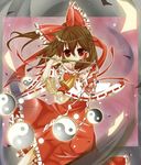  bad_id bad_pixiv_id bow brown_hair detached_sleeves hair_bow hair_ribbon hakurei_reimu nekosugi_(hoshi) ofuda ponytail red_eyes ribbon solo touhou 