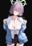  1girl black_background black_skirt blue_archive blue_cardigan blush breasts buttons cardigan cleavage collared_shirt cowboy_shot dog_tags espada_gcon green_eyes green_halo hair_between_eyes halo highres large_breasts navel open_cardigan open_clothes open_mouth pleated_skirt purple_hair saki_(blue_archive) shirt short_hair simple_background skirt solo white_shirt 