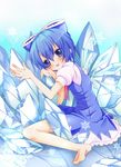  bad_id bad_pixiv_id barefoot blue_eyes blue_hair cirno hair_ribbon highres ice ice_wings nekosugi_(hoshi) ribbon snowflakes solo touhou wings 