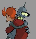 bender_bending_rodr&iacute;guez bodily_fluids clothing comedy_central duo futurama grey_background hair hug human jacket machine male mammal orange_hair philip_j._fry recycledbeercans red_clothing red_jacket red_topwear robot simple_background tears topwear