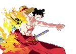  1boy absurdres black_hair chonmage clenched_teeth commentary_request cowboy_shot fire hat highres japanese_clothes kimono kojima_takashi looking_ahead male_focus monkey_d._luffy one_piece profile red_kimono scar scar_on_chest simple_background solo straw_hat sword teeth topknot topless_male weapon white_background 