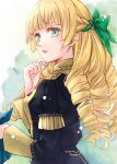  1girl alternate_hairstyle black_jacket blonde_hair blunt_bangs bow braid breasts commentary_request drill_hair ebi_puri_(ebi-ebi) fire_emblem fire_emblem:_three_houses french_braid green_bow green_eyes hair_bow ingrid_brandl_galatea jacket juliet_sleeves long_hair long_sleeves parted_lips puffy_sleeves small_breasts solo upper_body very_long_hair 